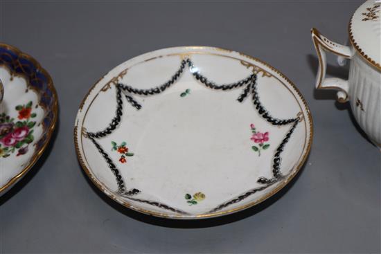 A Chelsea Derby tea bowl and saucer, a similar fluted cup an cover, c.1780, and a Worcester style cup and saucer, late 19th century,